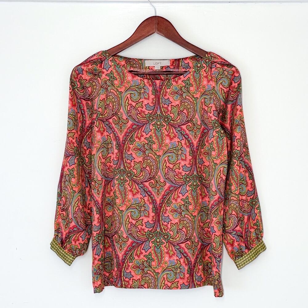 LOFT Paisley Peasant Blouse Women XS Pink Red Boho Satin 3/4 Sleeve Colorful
